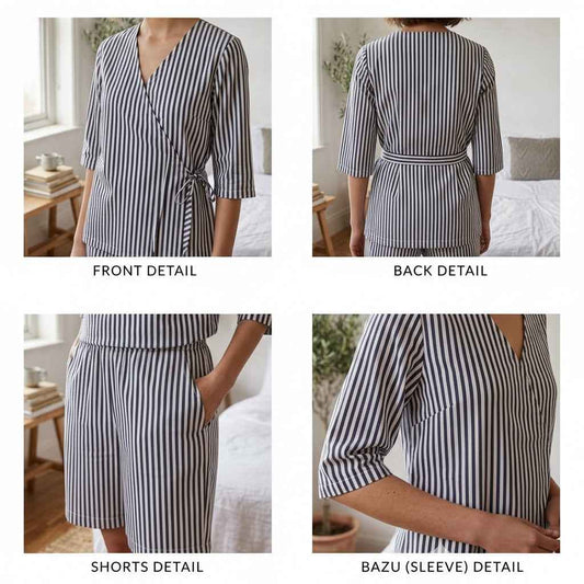 Blue White Cotton Narrow Stripes Printed Shorts/Shirt for Women
