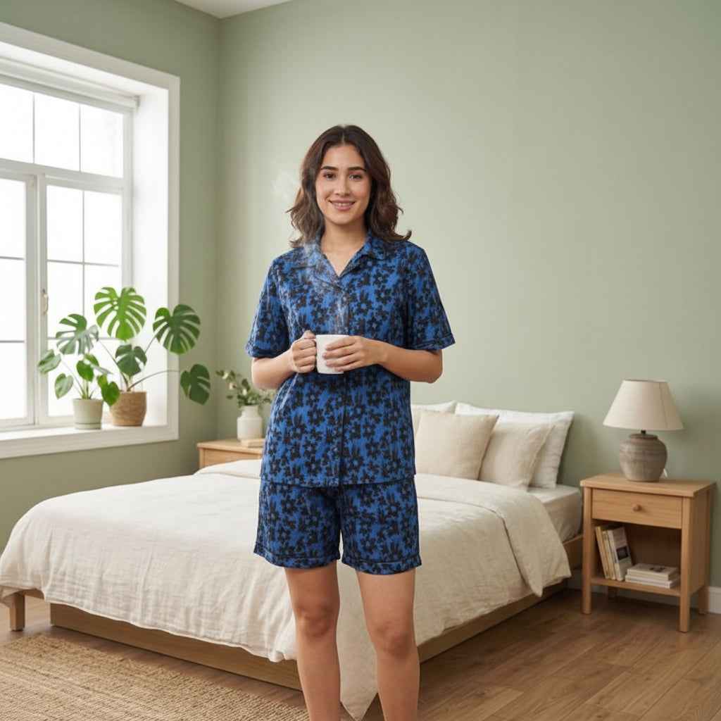 Blue Cambric Starry Bloom Printed Shorts/Shirt Set for Women