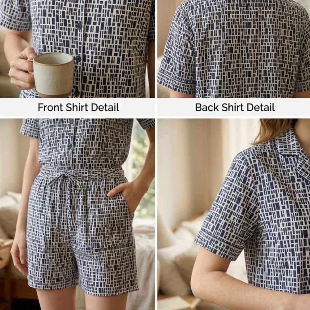 Black White Cotton Tile Printed Shorts/Shirt Set for Women