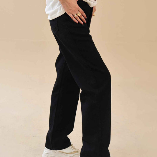 Unisex loose Fit Black Jeans 100% Cotton, Jet Black