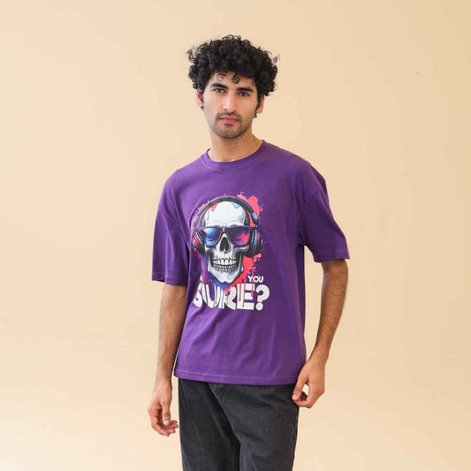 Unisex Drop Shoulder Graphic Skull T-Shirt 100% Cotton, Purple