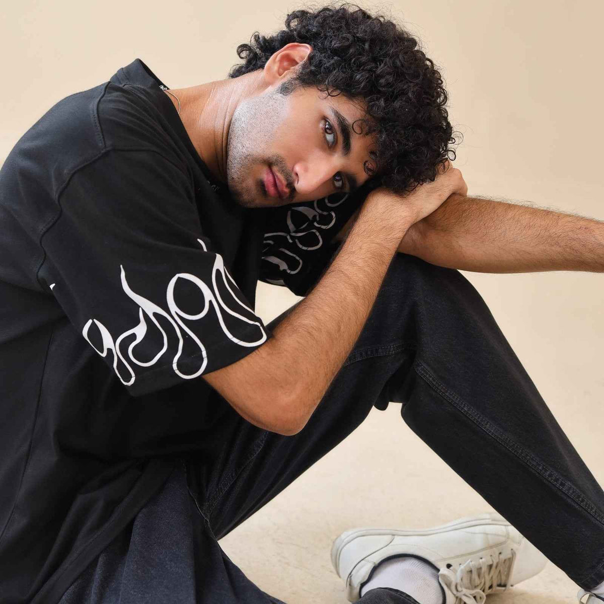 Unisex Drop Shoulder Never Give-up T-Shirt 100% Cotton, Black