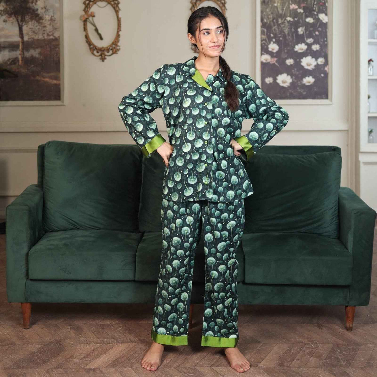 Green Glow Cambric Printed PJ Set for Women