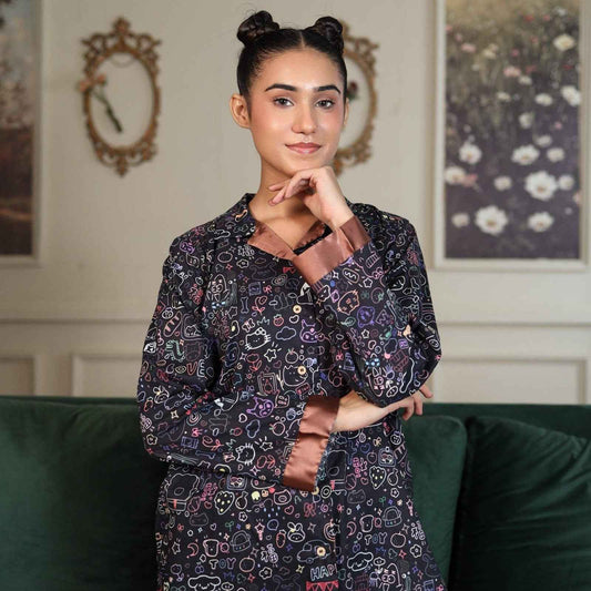Black Cambric Bloom Printed PJ Set for Women