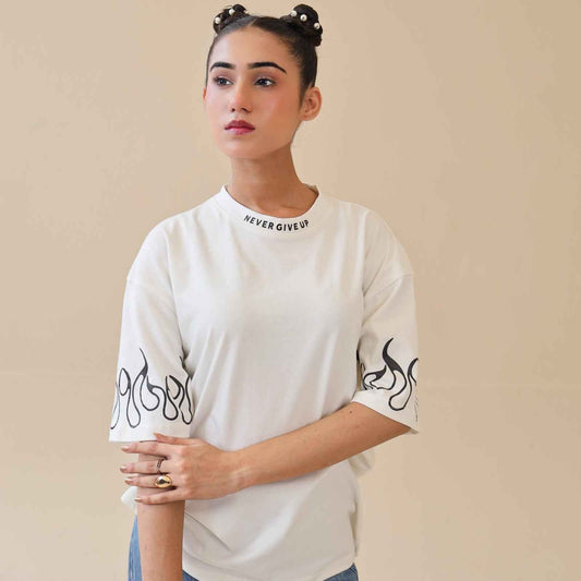 Unisex Drop Shoulder Never Give-up T-Shirt 100% Cotton, White