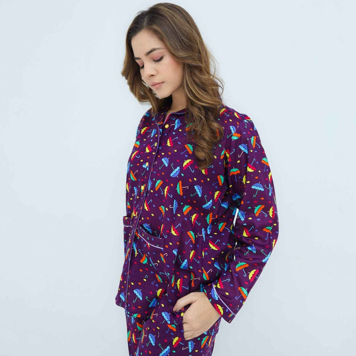 Deep Purple Winter Cotton Umbrella Printed PJ Set for Women