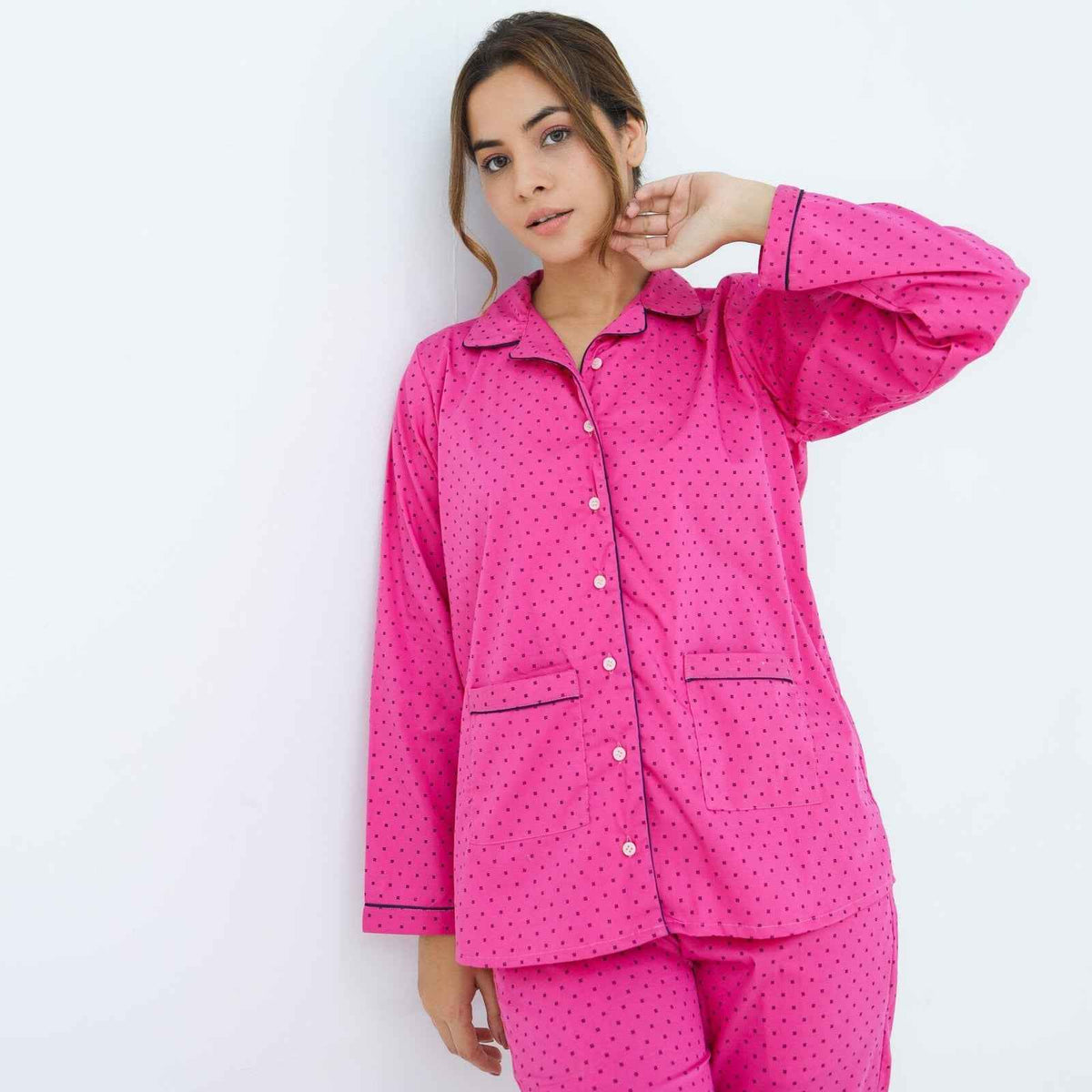 Bright Pink Cotton Dot Printed PJ Set for Women