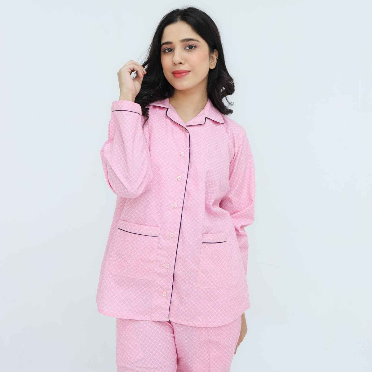 Baby Pink Cotton Lattic Printed PJ Set for Women