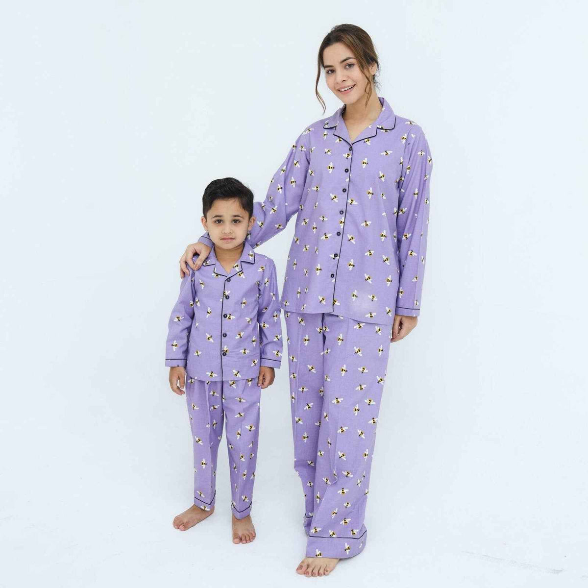 Lite Purple Winter Cotton Bee Printed PJ Set For Baby Boy