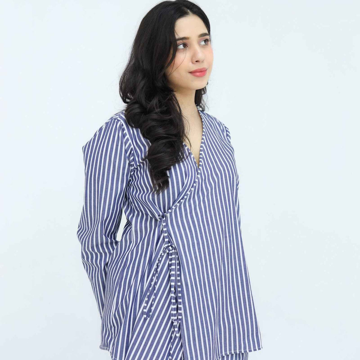 Blue White Cotton Narrow Stripes Printed Robe for Women