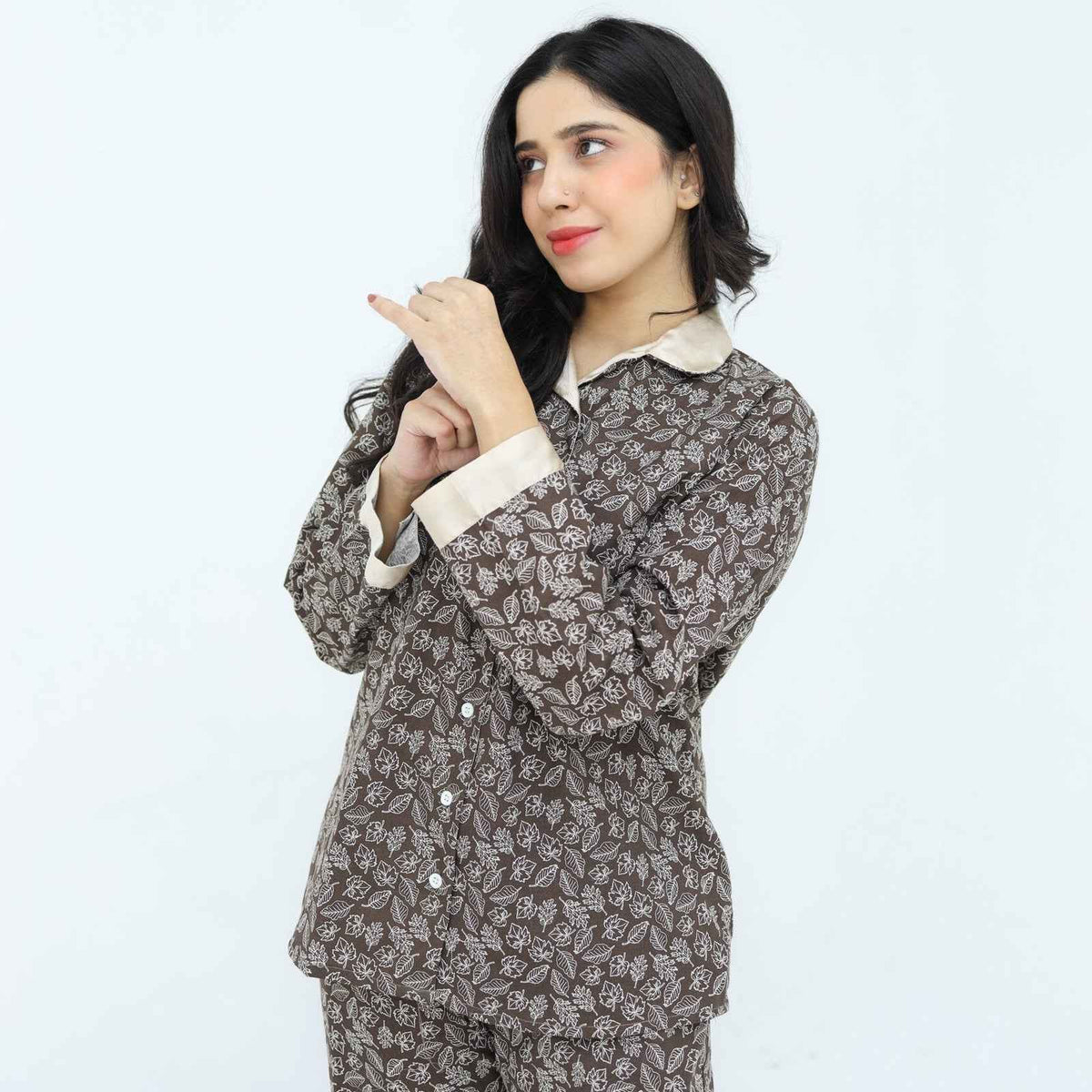 Brown Winter Cotton Leafy Swirls Printed PJ Set for Women
