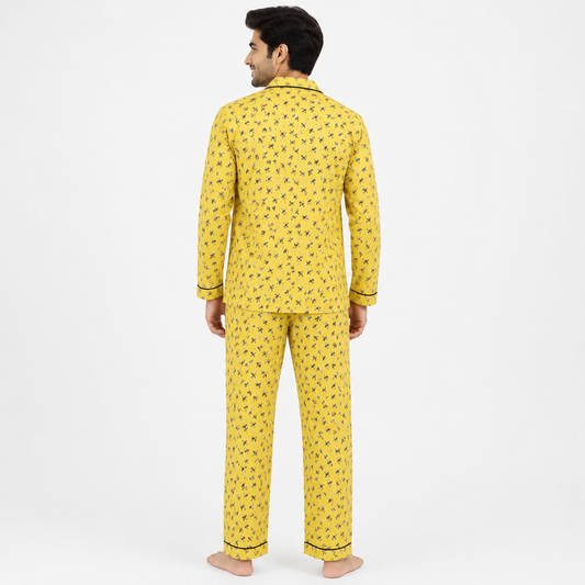 Yellow Bee Printed Cotton PJ Set for Men | Men's Nightwear | AdoreRobe