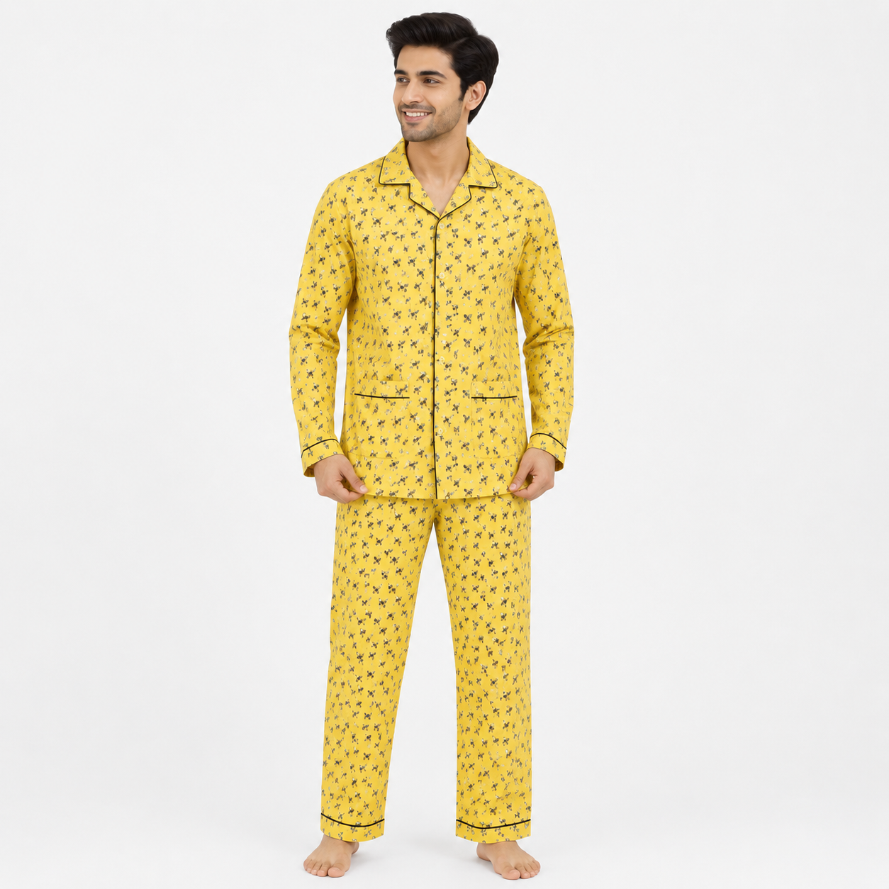 Yellow Bee Printed Cotton PJ Set for Men | Men's Nightwear | AdoreRobe