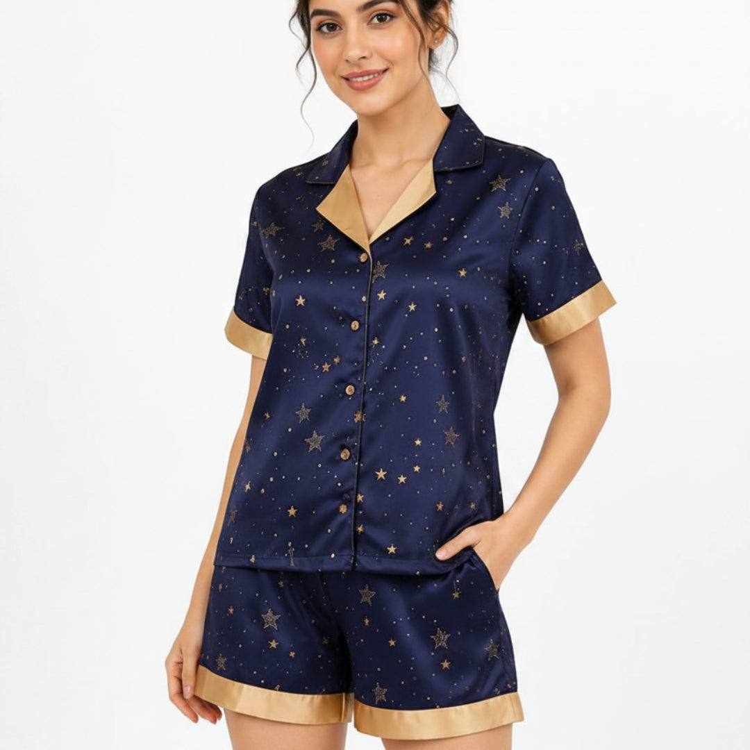 Royal Blue Cambric Sky Star Printed | Women's Nightwear | AdoreRobe
