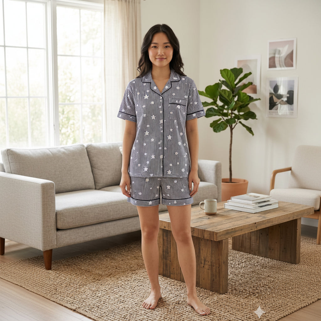 Lite blue Cotton star line Printed | Women's Nightwear | AdoreRobe
