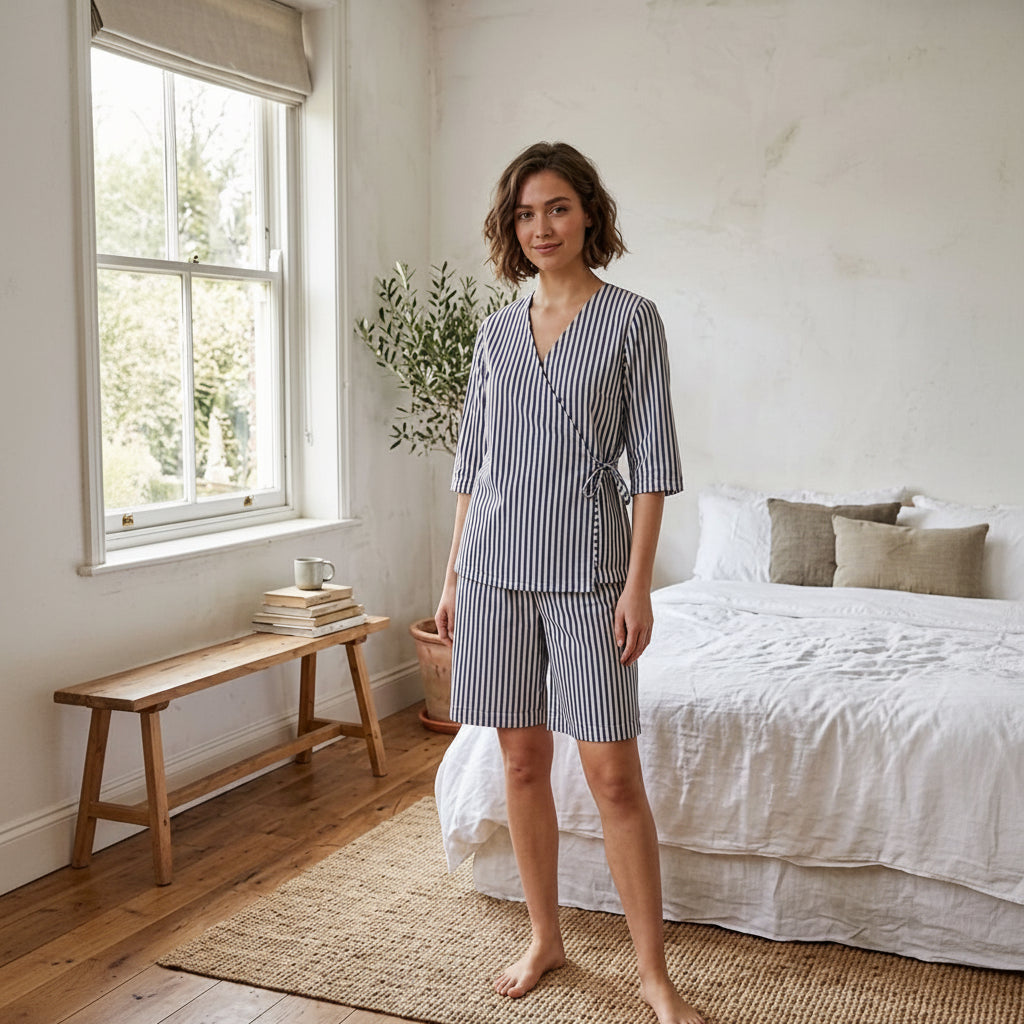 Blue White Cotton Narrow Stripes | Women's Nightwear | AdoreRobe