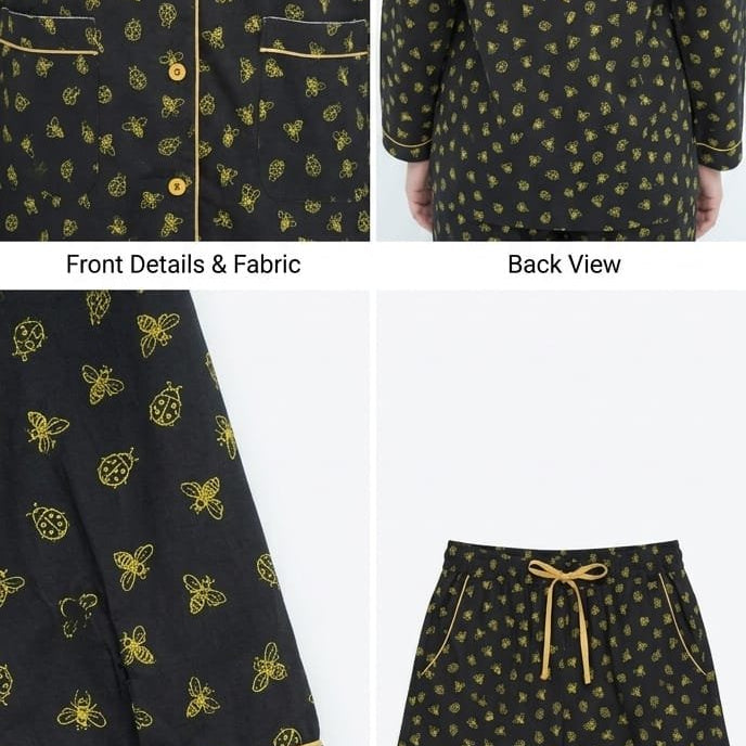 Black Winter Cotton Lady Bug Printed | Women's Nightwear | AdoreRobe
