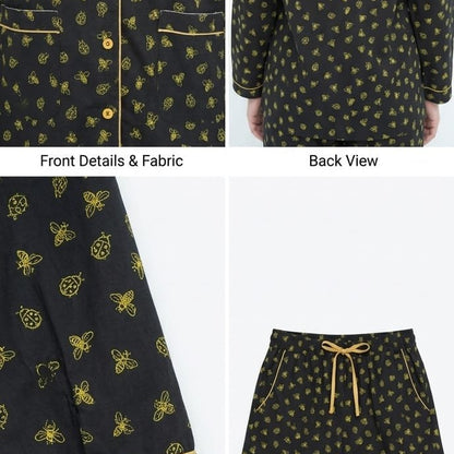 Black Winter Cotton Lady Bug Printed | Women's Nightwear | AdoreRobe