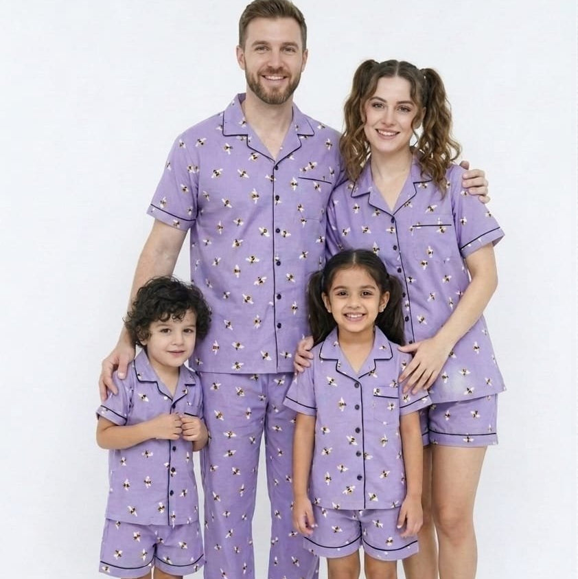 Lite Purple Winter Cotton Bee Printed | Women's Nightwear | AdoreRobe