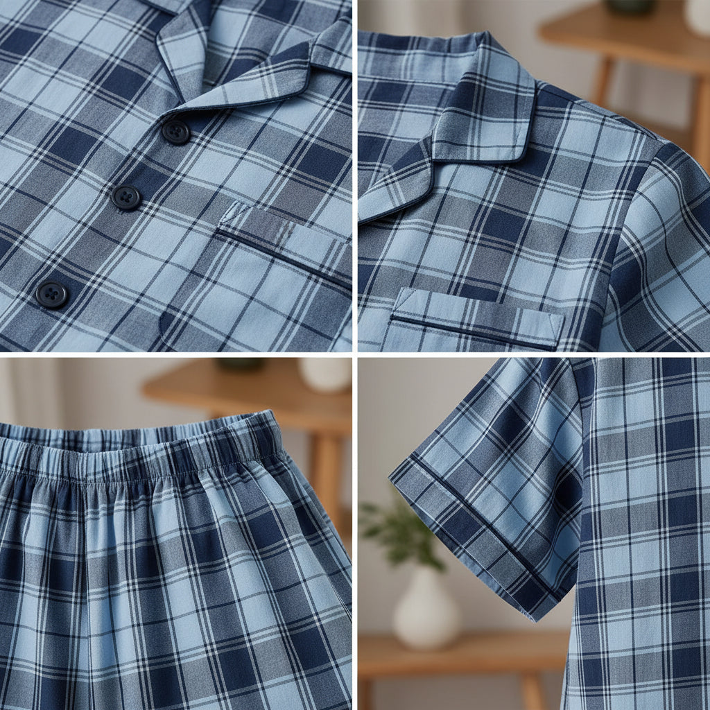 Lite blue Block Check Cambric Printed | Women's Nightwear | AdoreRobe
