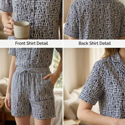Black White Cotton Tile Printed Shorts/Shirt Set for Women