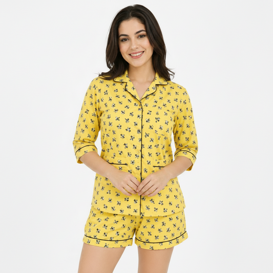 Yellow Bee Printed Shorts/Shirt Set for Women