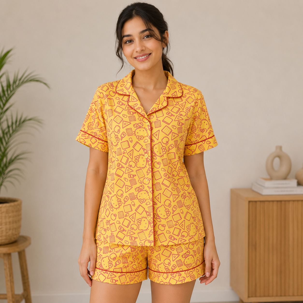 Yellow Cambric Hellow Kitty Printed | Women's Nightwear | AdoreRobe