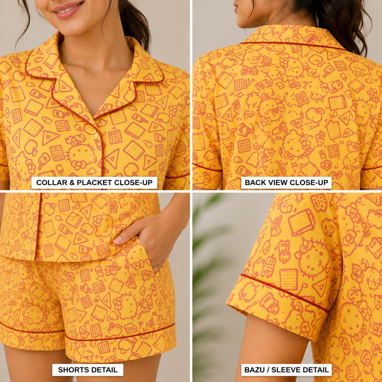 Yellow Cambric Hellow Kitty Printed | Women's Nightwear | AdoreRobe