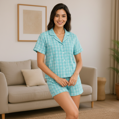 Sky Blue Cambric Midnight Check | Women's Nightwear | AdoreRobe