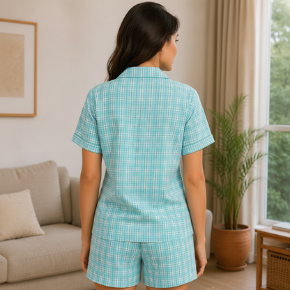 Sky Blue Cambric Midnight Check | Women's Nightwear | AdoreRobe