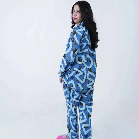 Blue Cotton Beech Printed PJ Set for Women