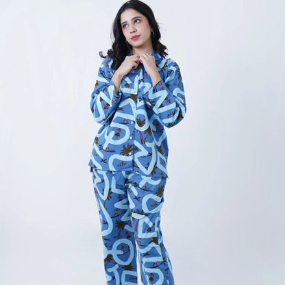 Blue Cotton Beech Printed PJ Set for | Women's Nightwear | AdoreRobe