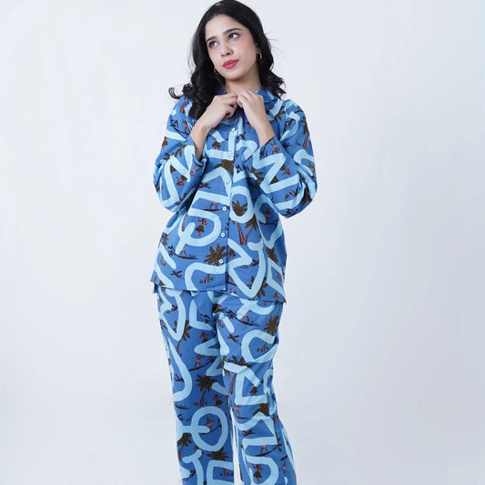 Blue Cotton Beech Printed PJ Set for | Women's Nightwear | AdoreRobe