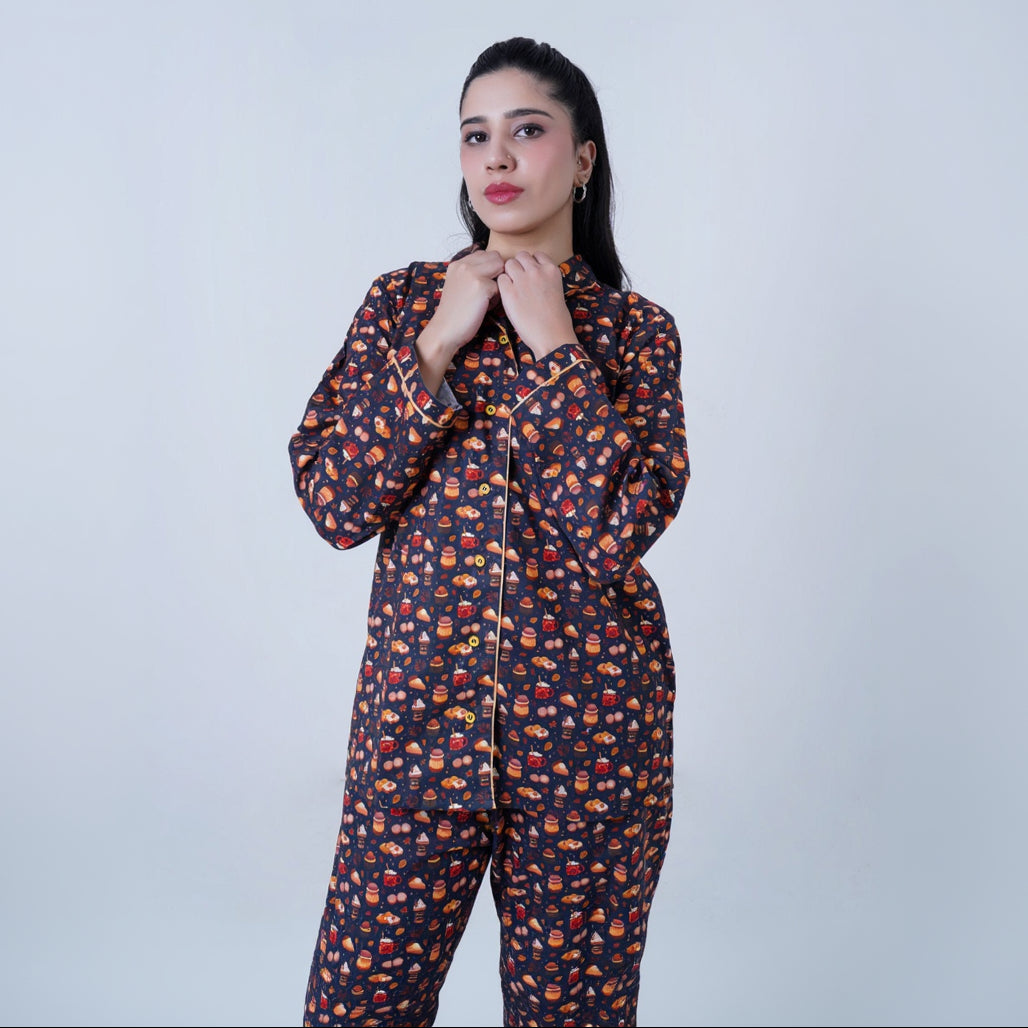 Base Blue Winter Cotton Food Printed | Women's Nightwear | AdoreRobe