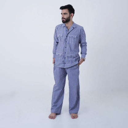blue luxury cotton stripe printed pj | Men's Nightwear | AdoreRobe