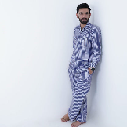 blue luxury cotton stripe printed pj | Men's Nightwear | AdoreRobe
