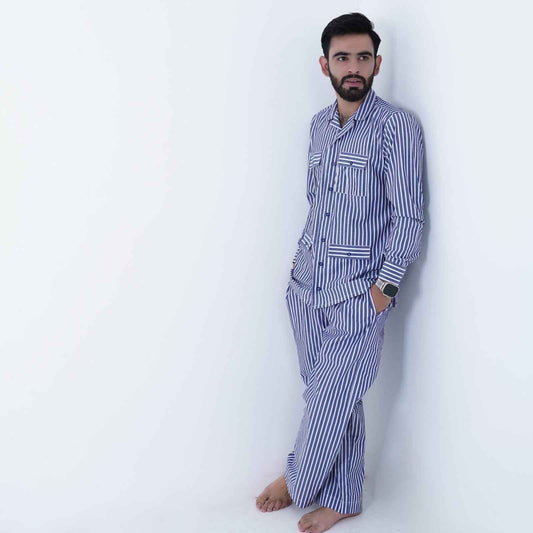 blue luxury cotton stripe printed pj set for men