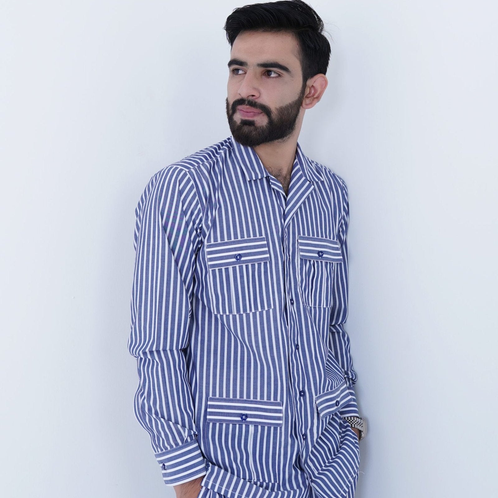 blue luxury cotton stripe printed pj | Men's Nightwear | AdoreRobe