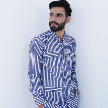 blue luxury cotton stripe printed pj | Men's Nightwear | AdoreRobe