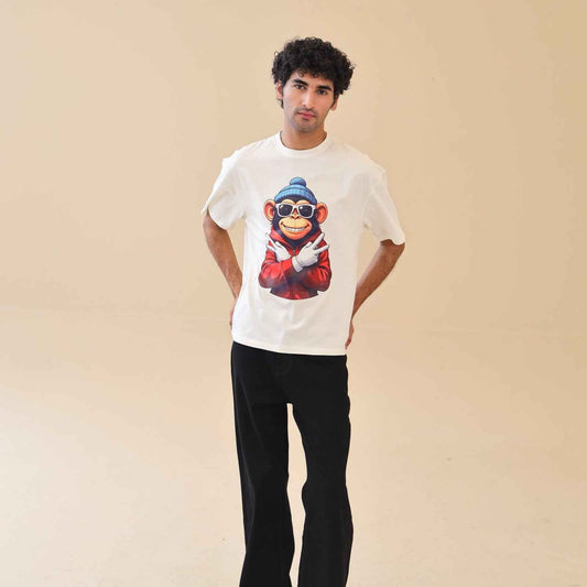 Unisex Drop Shoulder Monkey T-Shirt 100% Cotton, White