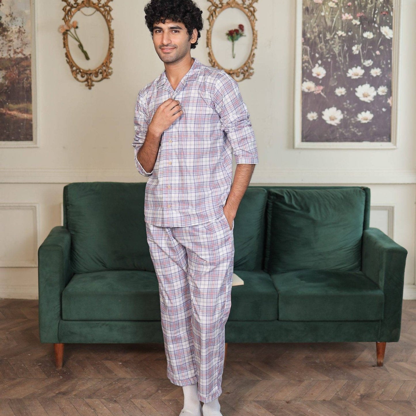 Lite Purple Cambric White Check Printed | Men's Nightwear | AdoreRobe