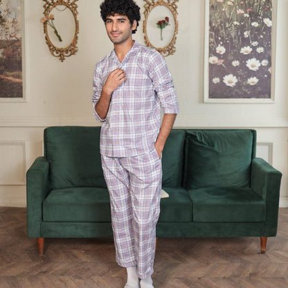 Lite Purple Cambric White Check Printed | Men's Nightwear | AdoreRobe