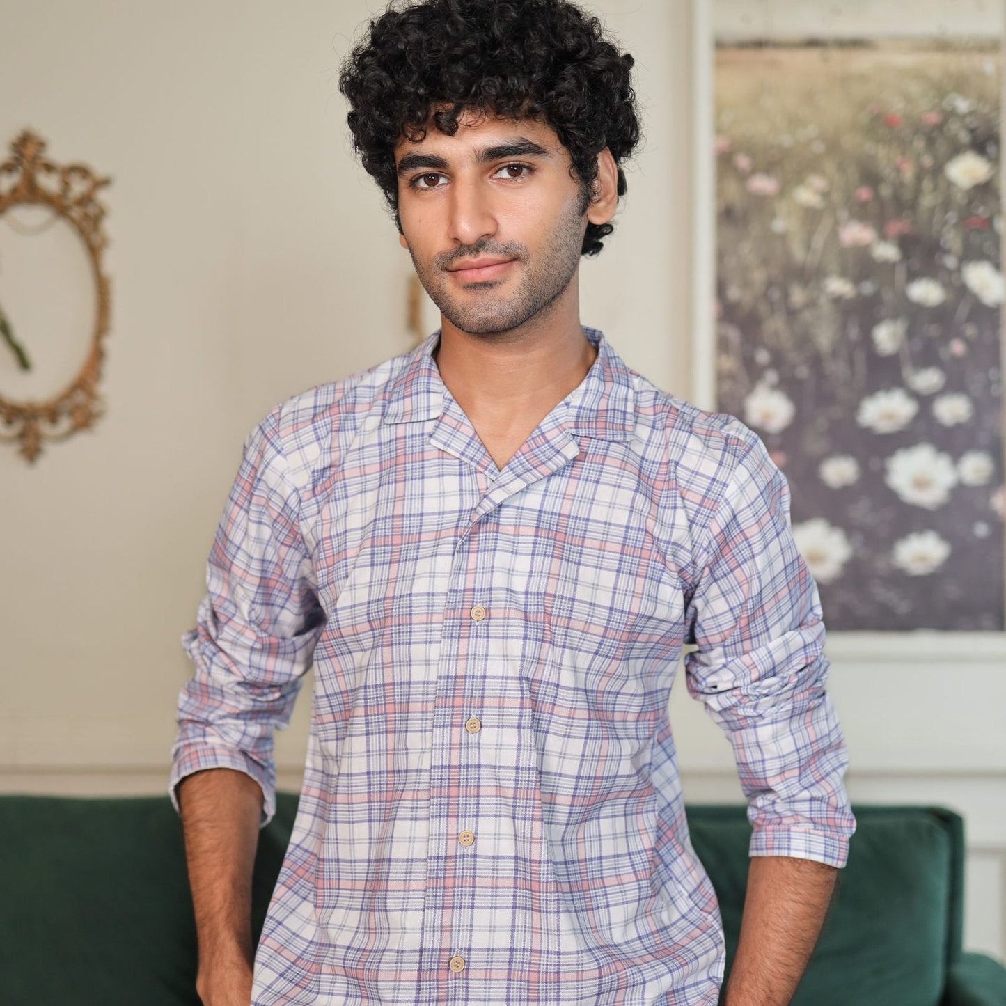 Lite Purple Cambric White Check Printed | Men's Nightwear | AdoreRobe