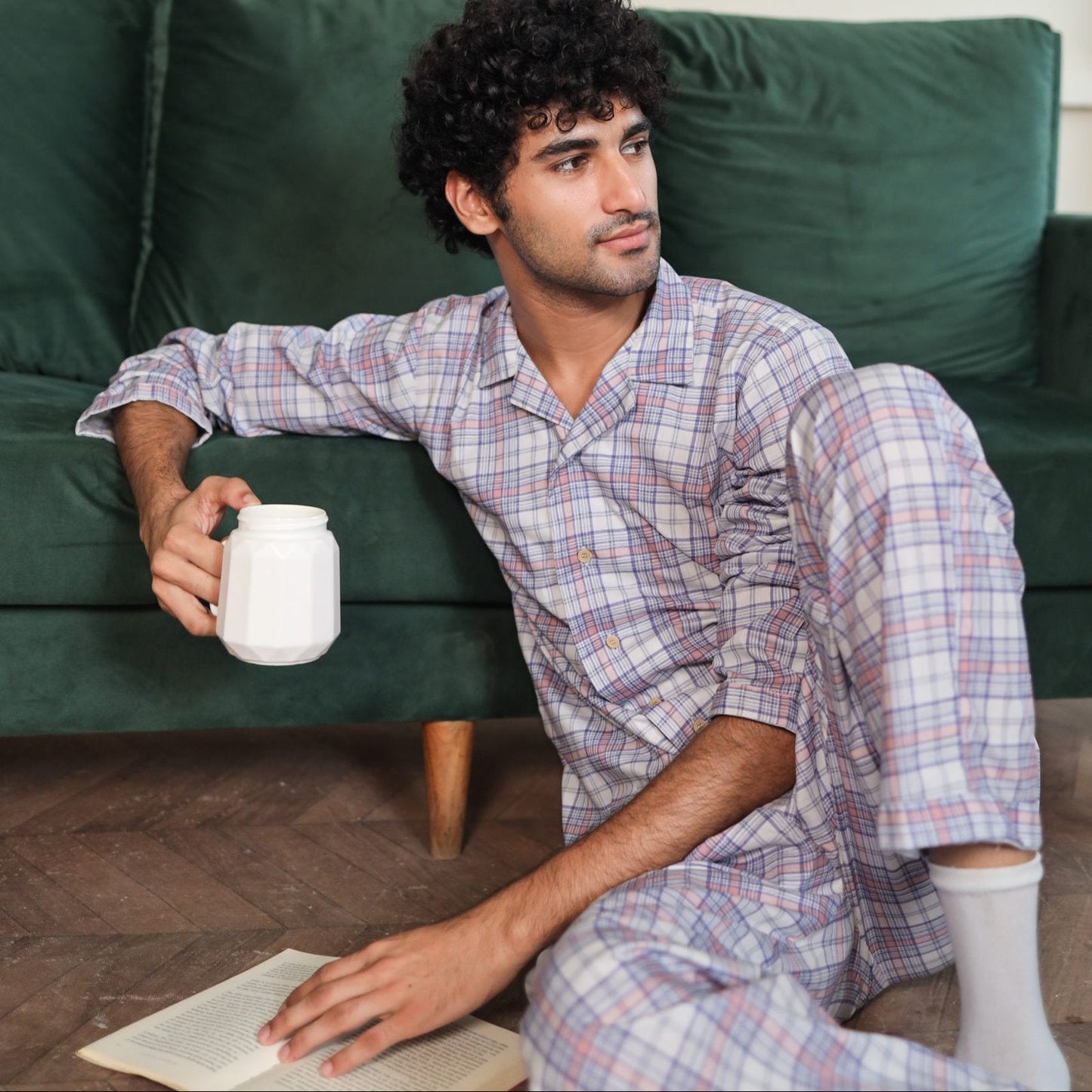Lite Purple Cambric White Check Printed | Men's Nightwear | AdoreRobe