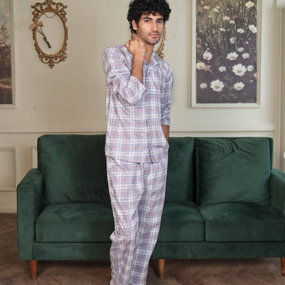 Lite Purple Cambric White Check Printed | Men's Nightwear | AdoreRobe