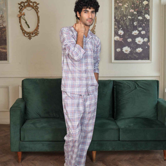 Lite Purple Cambric White Check Printed PJ Set for men