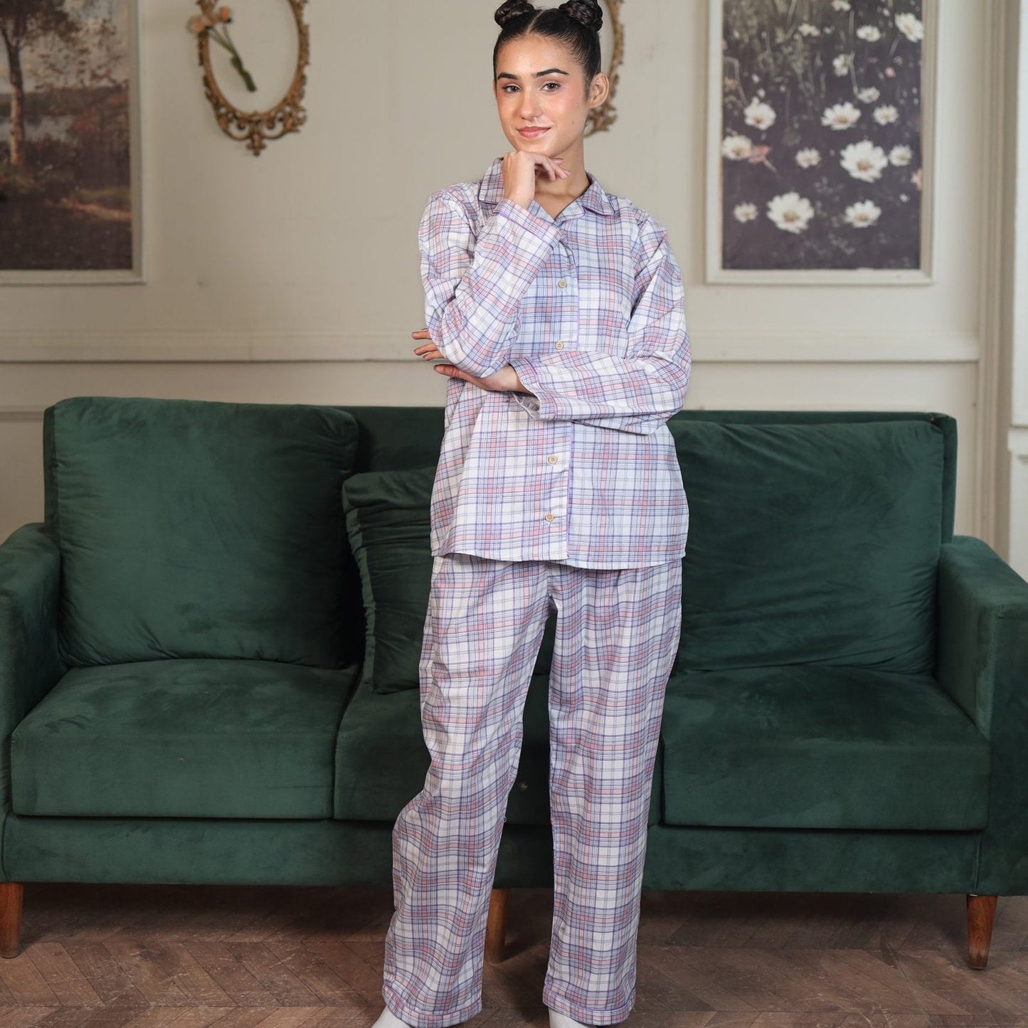 Lite Purple Cambric White Check Printed | Men's Nightwear | AdoreRobe