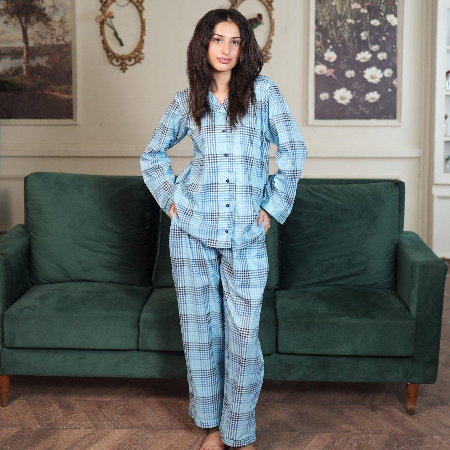 Lite blue Block Check Cambric Printed | Men's Nightwear | AdoreRobe