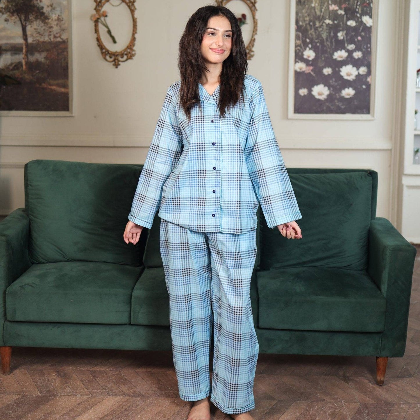 Lite blue Block Check Cambric Printed | Men's Nightwear | AdoreRobe
