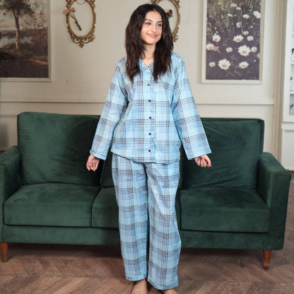 Lite blue Block Check Cambric Printed | Men's Nightwear | AdoreRobe